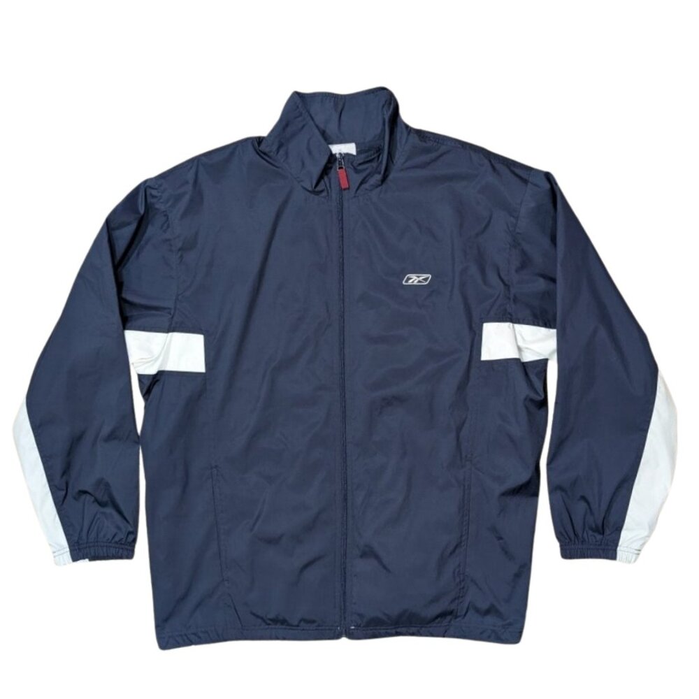 Reebok Vintage Windbreaker Jacket Mens XL Navy Blue White Full Zip Mesh Lined